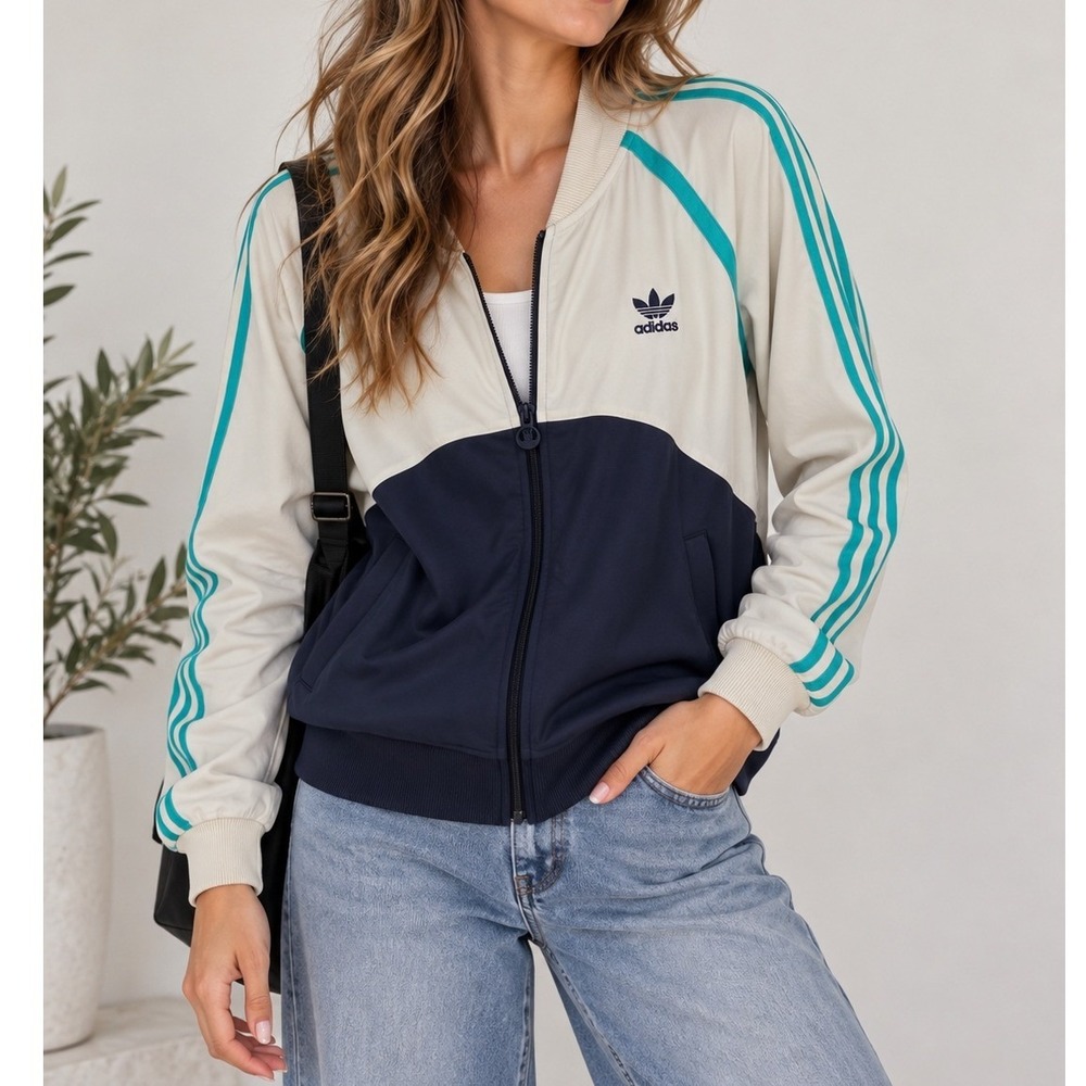 Adidas Originals Track Jacket Medium Beige Navy Blue Teal Trefoil Full Zip HC077
